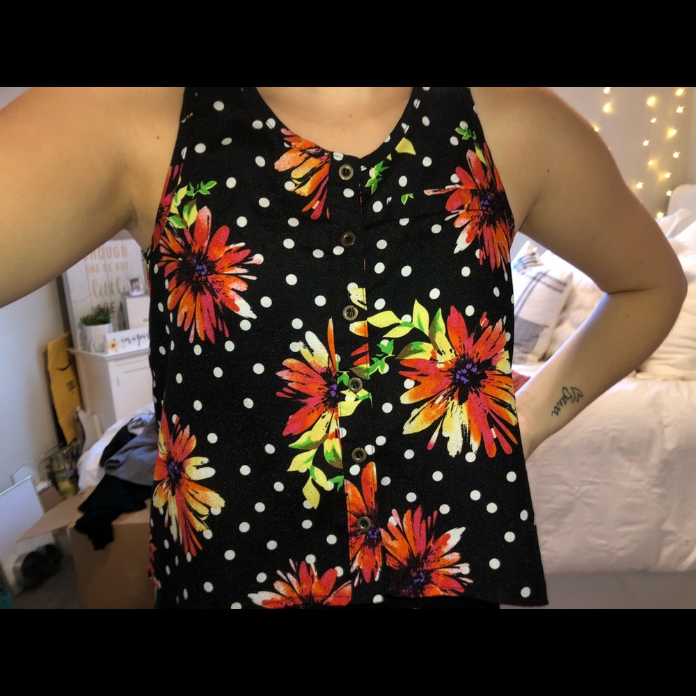 black polyester tank-orange flowers/polka dots